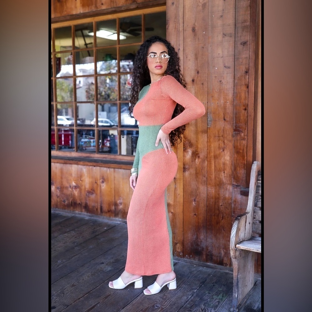 12. Color block Long Sleeve Bodycon Maxi Dress - Picture 4 of 9